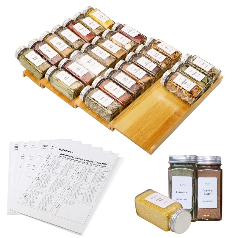 KitHero Spice Drawer Organizer with 24 Spice Jars and 216 Labels Non-slip Rubber  Bamboo 4 Tier Spice Racks Tray Seasoning Containers for Kitchen Drawers Cabinets Countertops 13"" Wide * 15.8"" Deep - Image 1